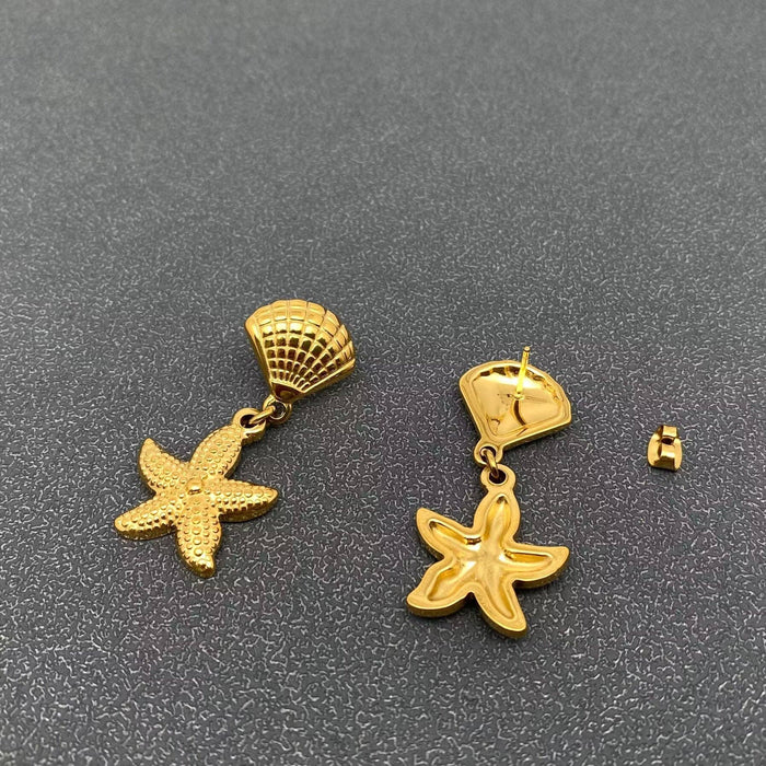 18K Gold Plated Starfish Charm Scallop Post Earrings - FGS