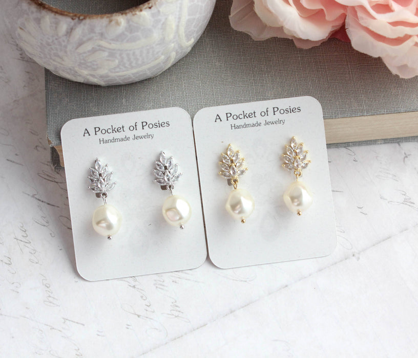 Glass Leaf Post Earrings | Baroque Pearl | Gold or Silver