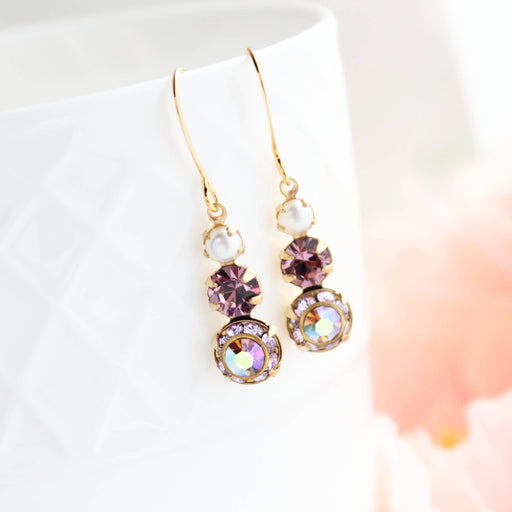 Vintage Glass Earrings -Three Jewel - Violet Purple