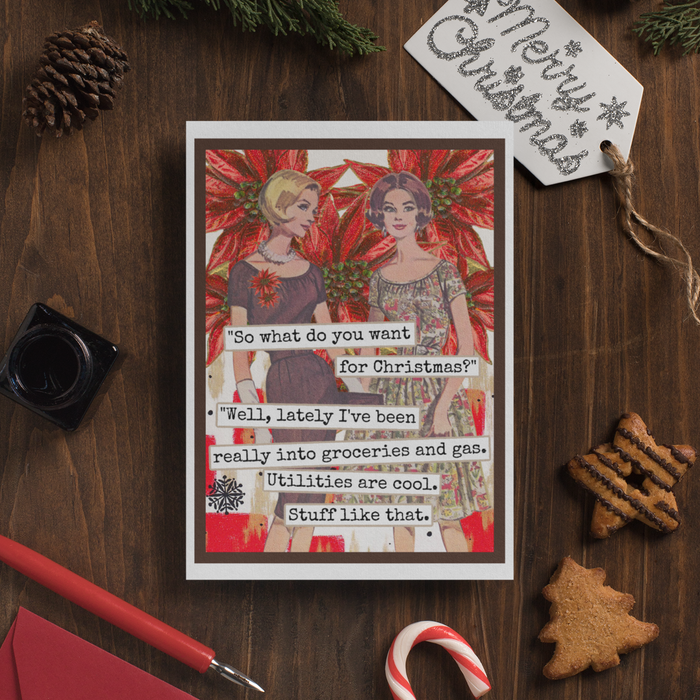 Funny Christmas Card. Really Into Groceries and Gas. Vintage