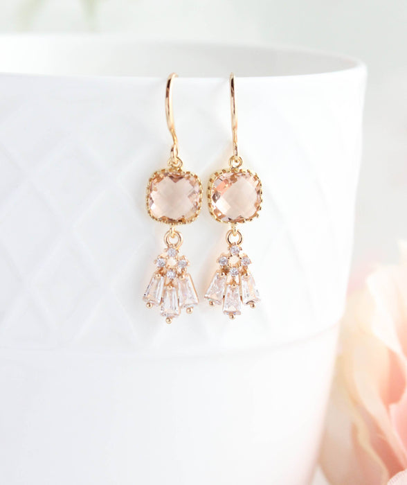 Art Deco Fan Earrings | Sparkling Glass | Peach Blush