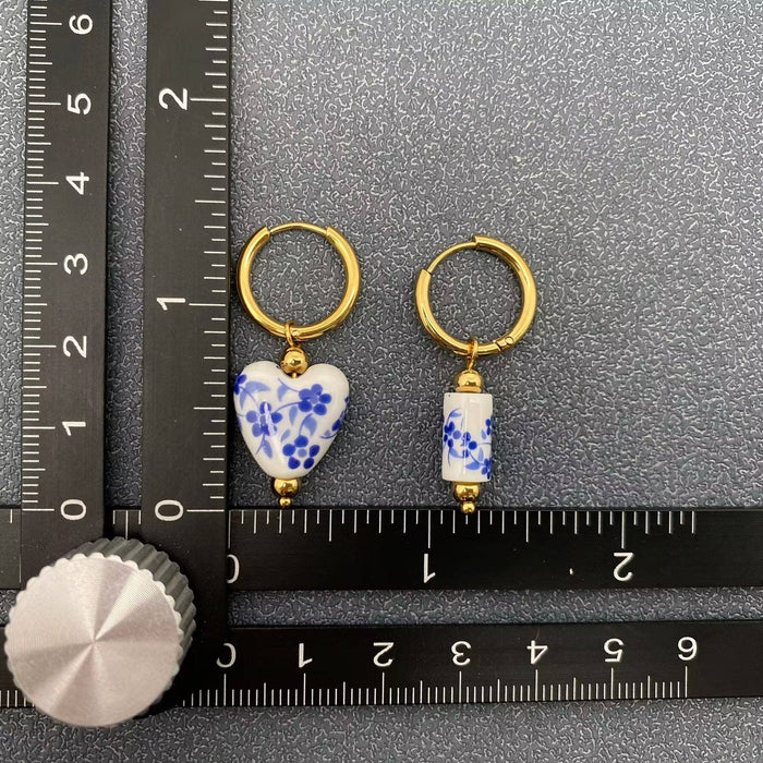 Blue and White Porcelain 18K Golden SS Huugie Earrings - FGS