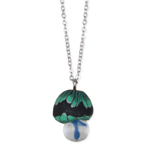 Blue Clay & Glass Mushroom Silver Necklace