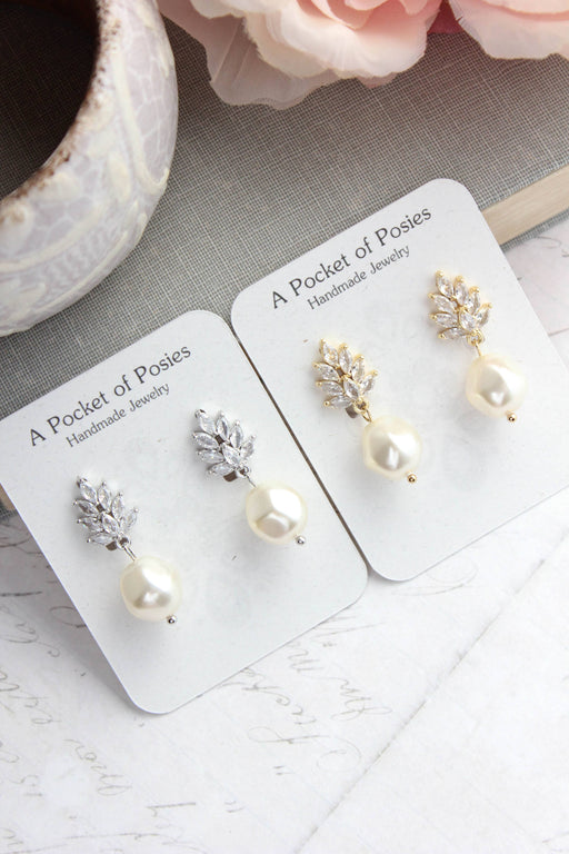 Glass Leaf Post Earrings | Baroque Pearl | Gold or Silver