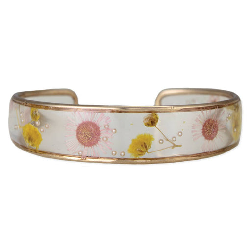 Yellow & Pink Dried Flower Gold Cuff Bracelet