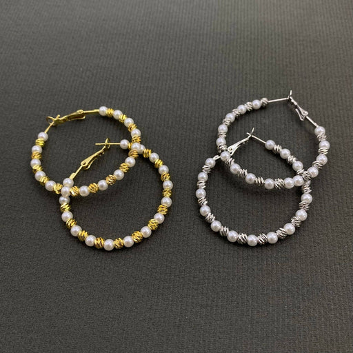 Pearl Metal Beaded Hoop Earrings