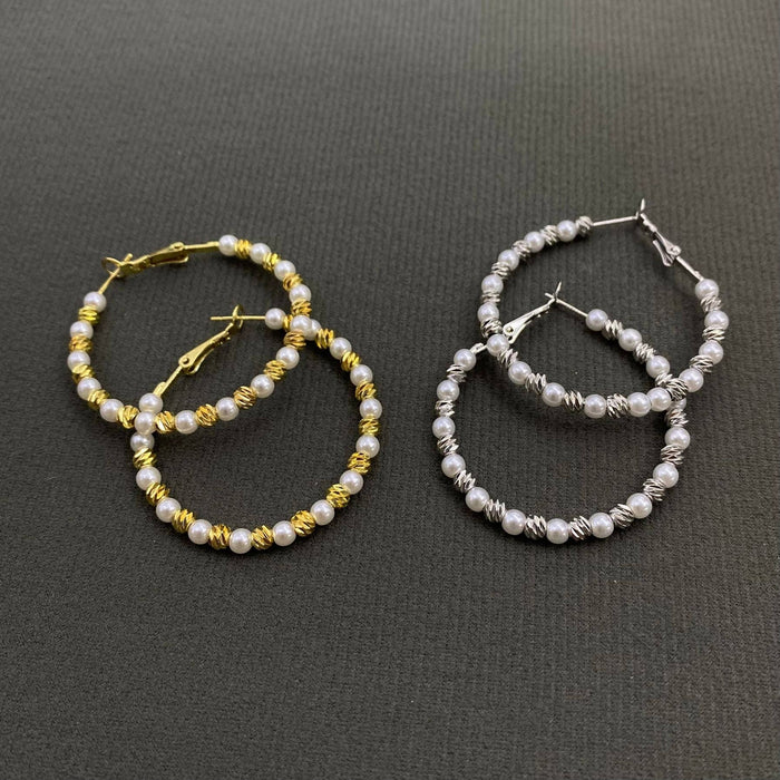 Pearl Metal Beaded Hoop Earrings