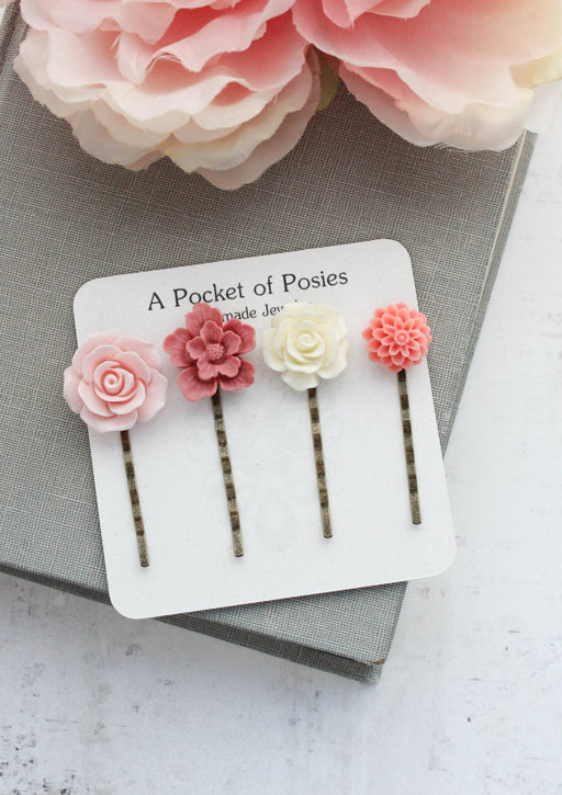Flower Bobby Pins Set | Shades of Pink and Coral | Pink Rose