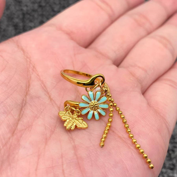 Enamel Daisy Bee & Pearl & Tassel 18K Golden SS Ring - FGS