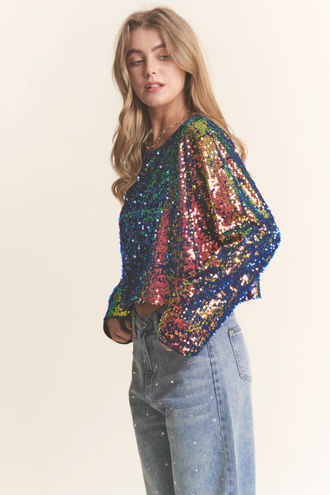 Sequins Box Body Long Sleeve Crop Top