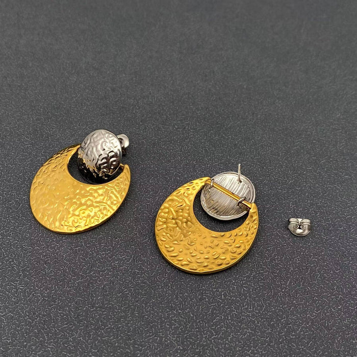 18K Golden SS Hammered Texture Two Tone Post Earrings - FGS