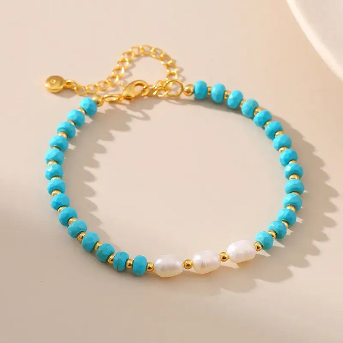 Turquoise and Pearl Beaded Adjustable Bracelet