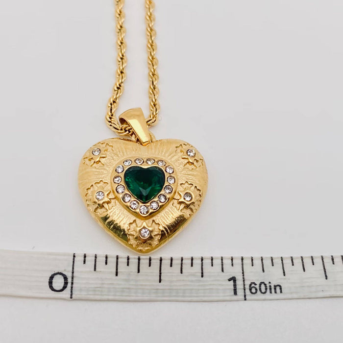 Green Zircon 18K Gold plated Textured Heart Necklace - FGS