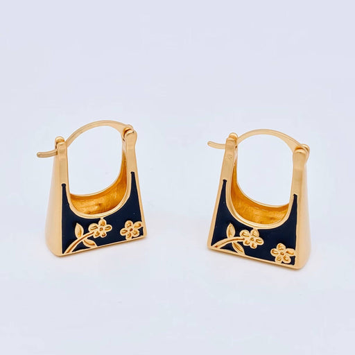 Black Enamel Carved Flower Bag Design Huggie Earrings