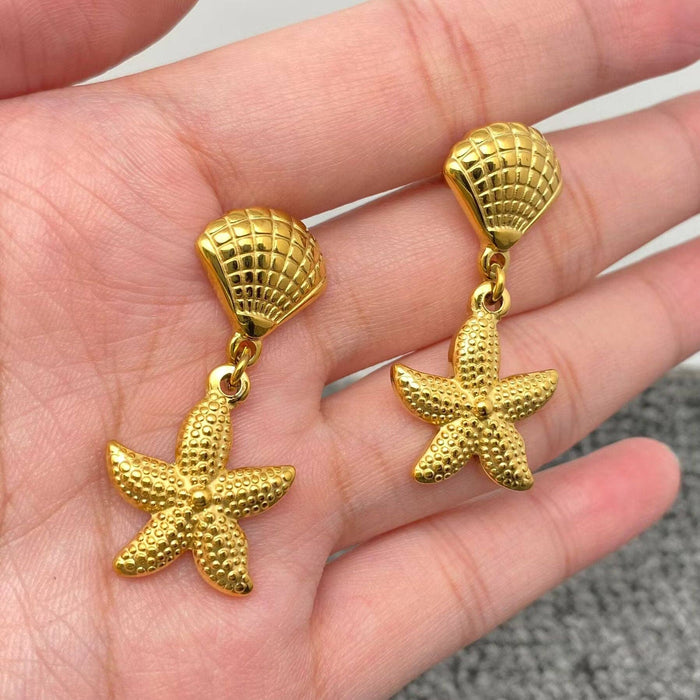 18K Gold Plated Starfish Charm Scallop Post Earrings - FGS