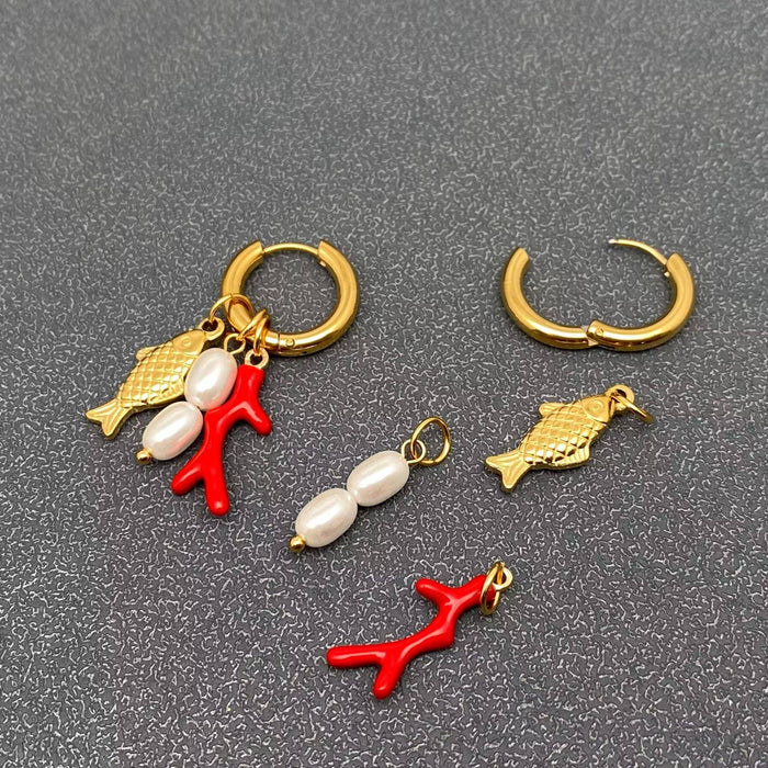 Fish & Pearls & Coral 18K Gold Plated SS Huggie Earrings - FGS