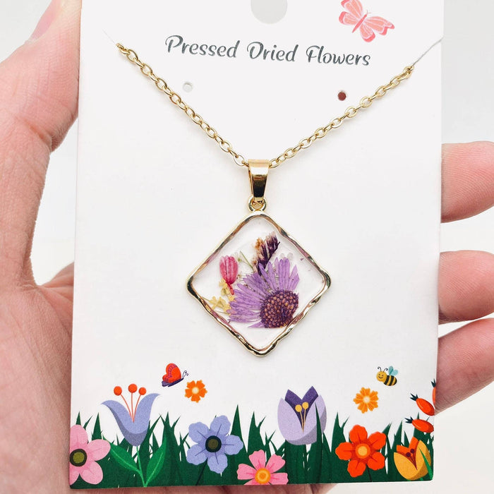 Floral Square Pendant Pressed Dried Flowers Necklace