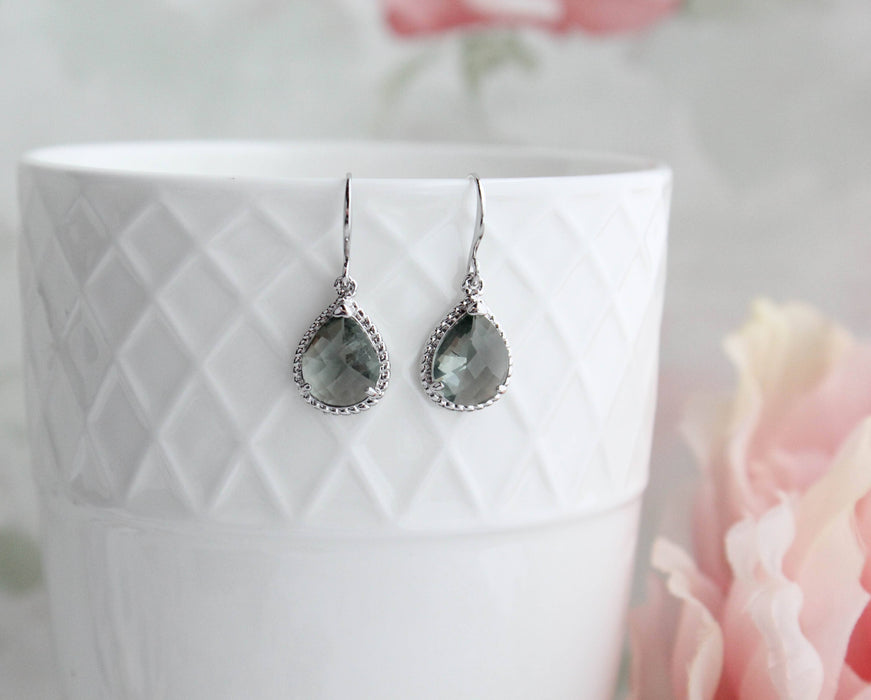 Modern Glass Drop Earrings | Smoke Grey and Silver Earrings