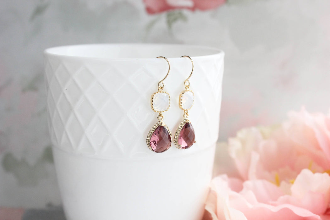 Opal Glass Earrings | Modern Earrings | Dusty Plum Teardrop