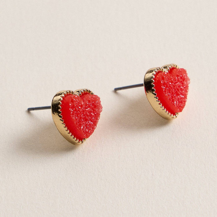 Druzy Heart Stud Earrings in Gold Trim