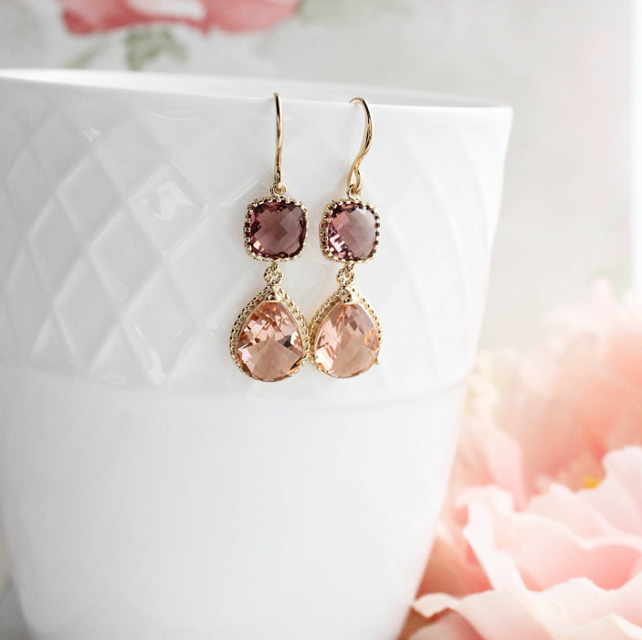 Peach Glass Earrings | Modern Earrings | Dusty Plum Teardrop