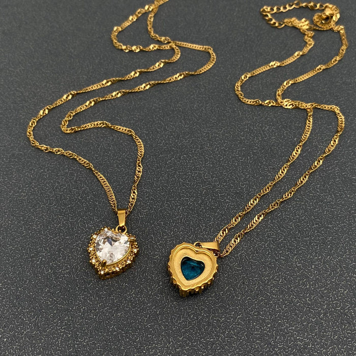 Sparkling Heart Zircon Charm 18K Gold Plated SS Necklace-FGS