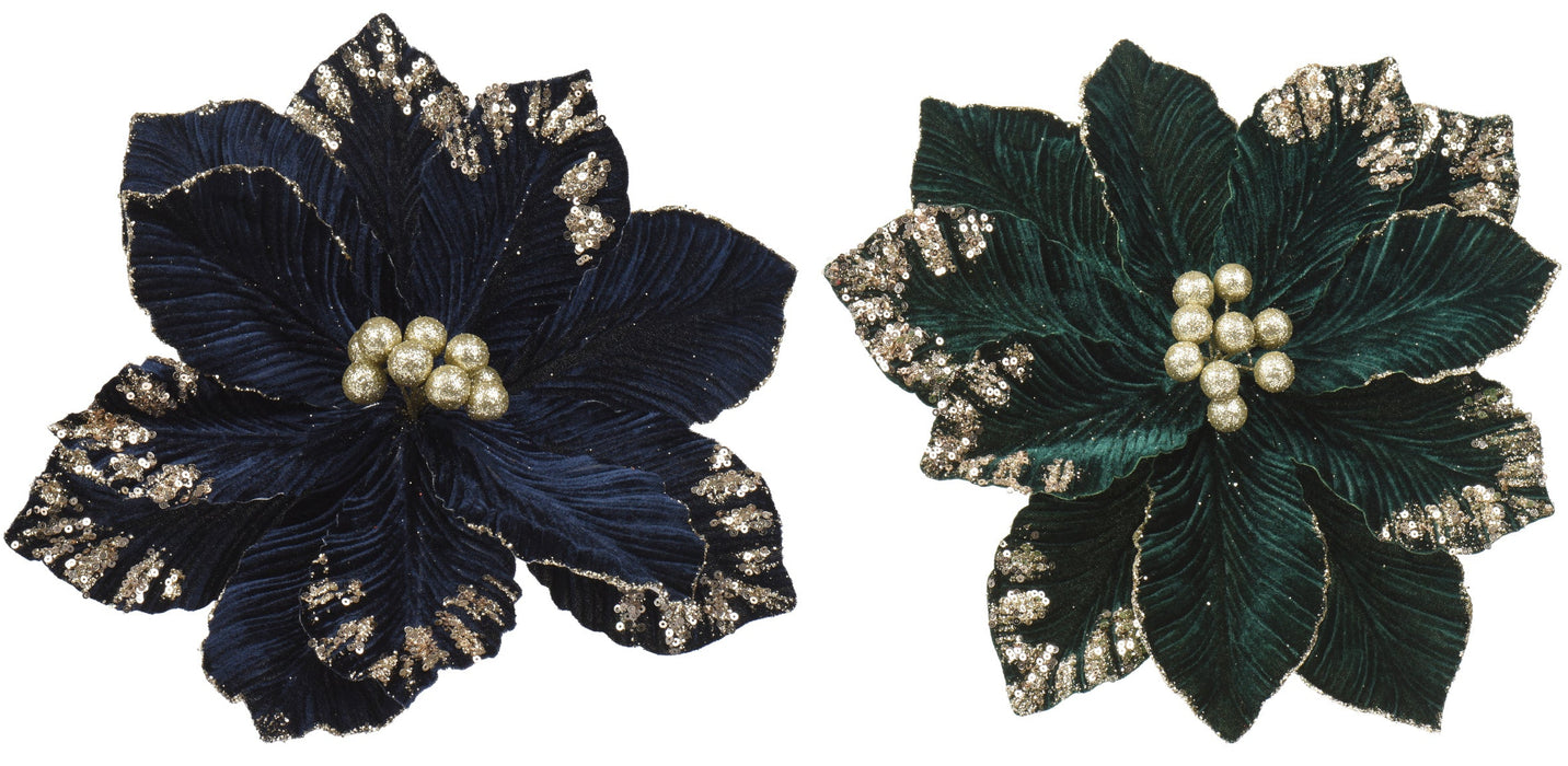 Double Poinsettia on Clip Navy/Emerald with Silver