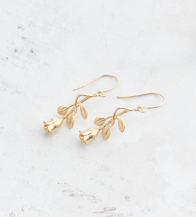 Long Stem Rose Earrings gold