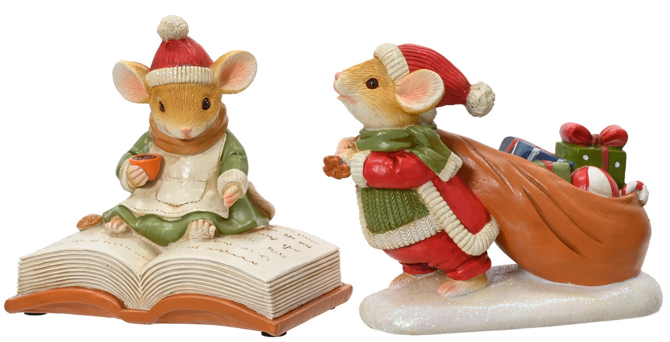 Mouse in Red Toque Reading/Pulling Bag of Gifts