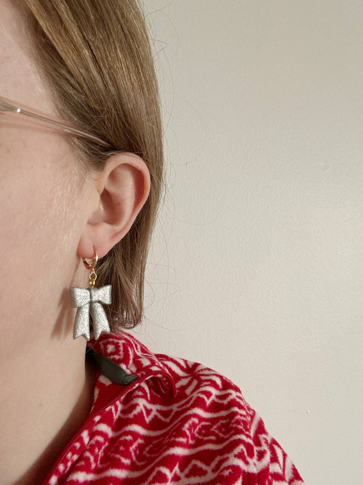 Holiday Bow Huggies | Polymer Clay Earrings 