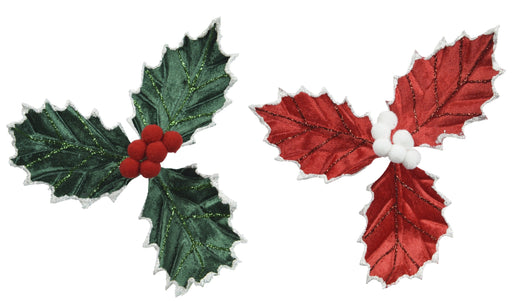 Orn Holly Branch & Berries with Clip Green/Red