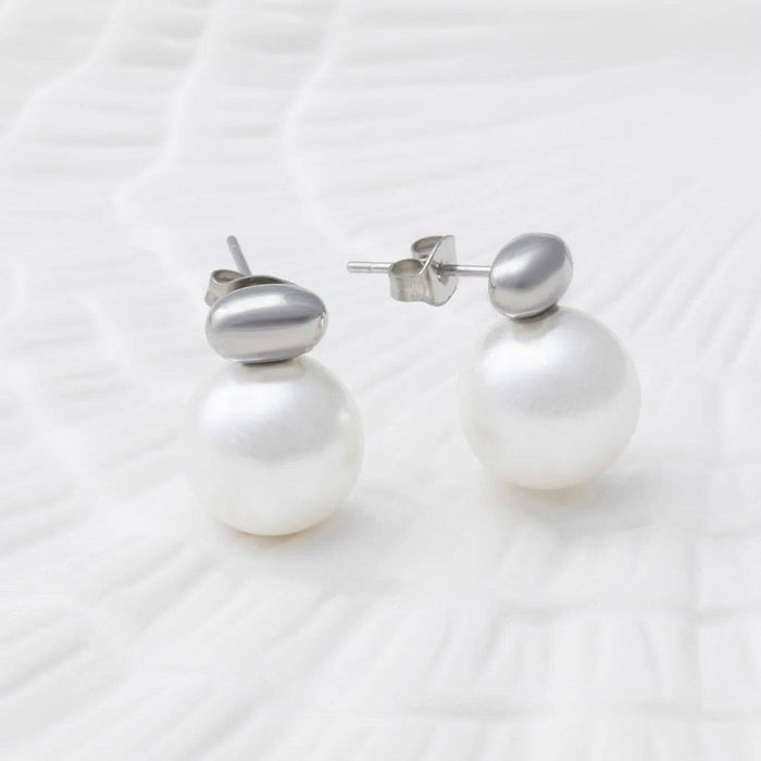 18K Gold PVD Stainless Steel 12mm glass Pearl Stud Earrings