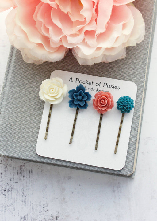 Flower Bobby Pins | Blue and Coral | Flowers for Hair