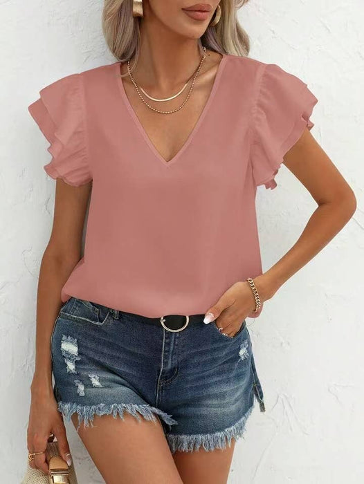 V neck ruffle short sleeve blouse