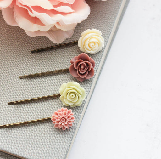 Flower Bobby Pins | Rose Hair Pins | Dusty Rose and Green