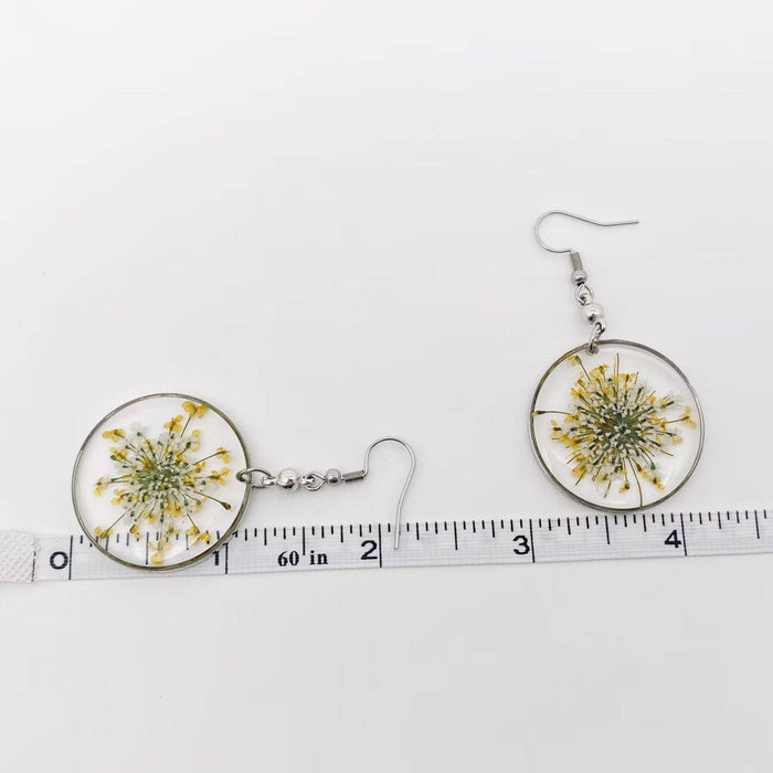 Queen Anne's Lace Round Pendant Dried Flowers Earrings - PDF