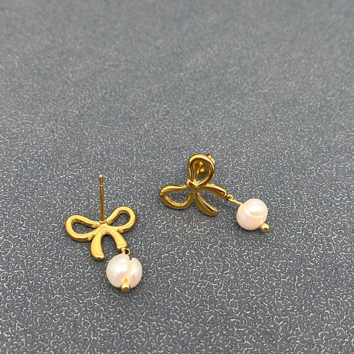 FGS - Pearl Charm18K Gold Plated SS Bow Post Earrings