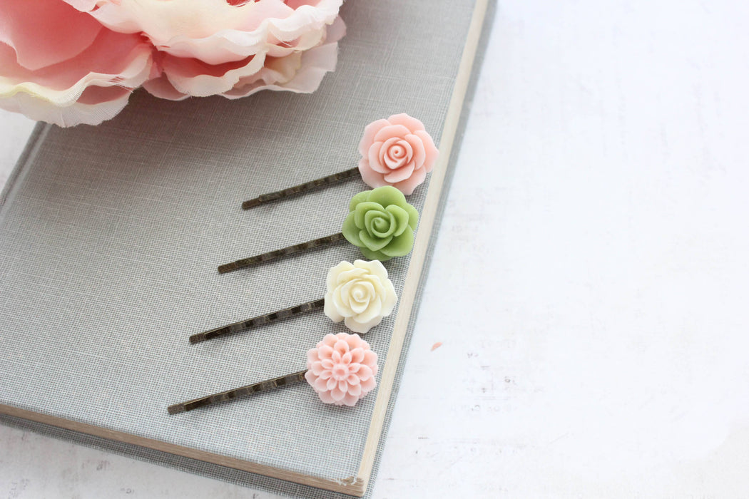 Flower Hair Pins - Pink and Green