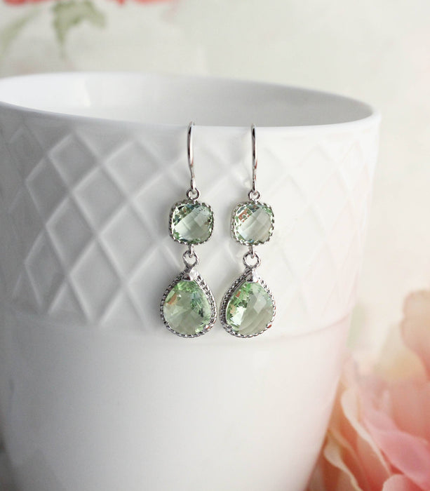 Light Green Glass Dangle Earrings | Two Jewel Teardrop