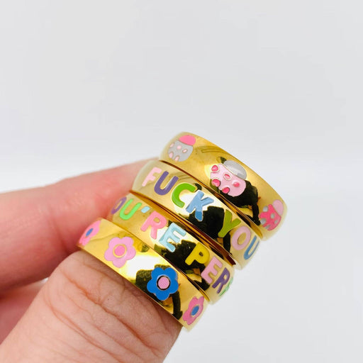"Fuck You" Colored Enamel 18K Gold Plated Ring - FGS