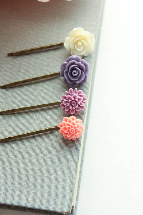 Flower Bobby Pins - Purple and Hot Coral Pink