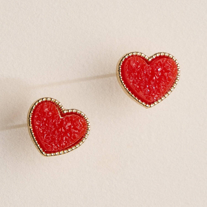 Druzy Heart Stud Earrings in Gold Trim