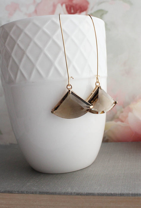 Large Brown Glass Earrings | Long Gold Earrings
