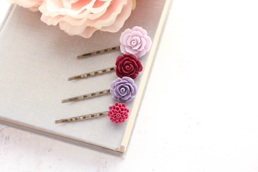 Floral Bobby Pins - Purple and Maroon Roses
