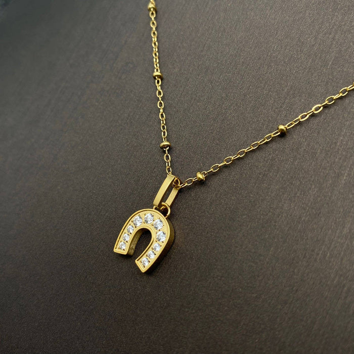 Inlaid CZ Horseshoe charm18K Gold Plated SS Necklace - FGS