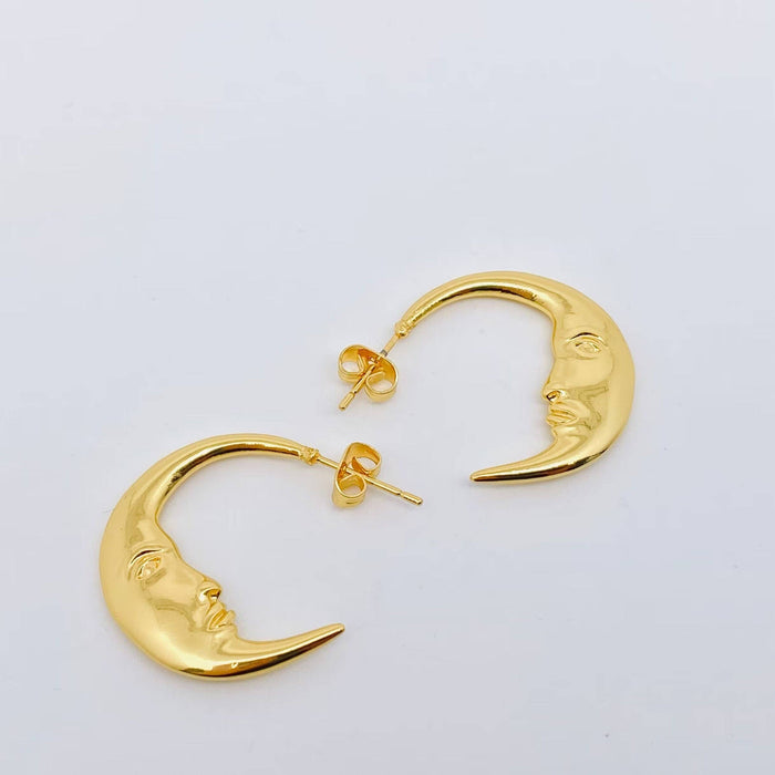 Mysterious Moon Face Design Gold Plated Hoop Earrings - MS