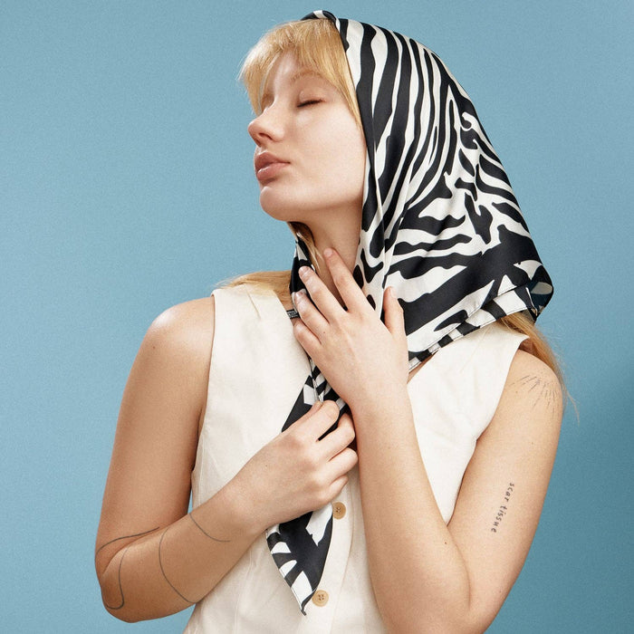 Zebra Print Square Scarf | Neutral Animal Pattern Silk-Feel Fashion Scarf