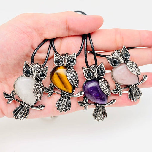 Owl Charm Pendant Necklace with Inlaid Natural Stones - CS