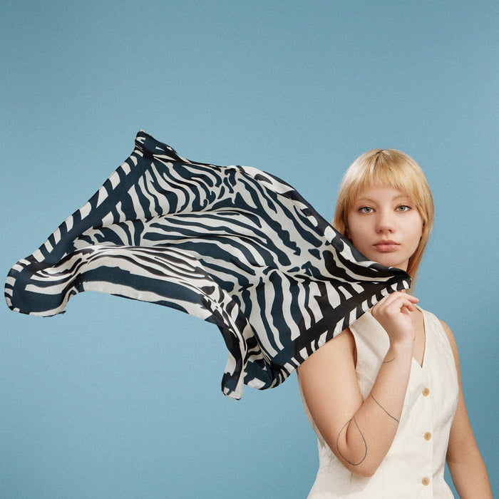 Zebra Print Square Scarf | Neutral Animal Pattern Silk-Feel Fashion Scarf
