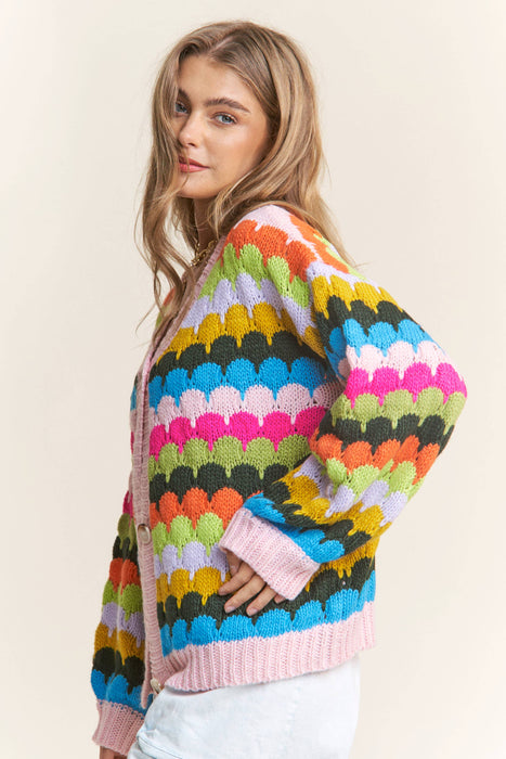 Fish Scales Multicolor Design Knit Cardigan